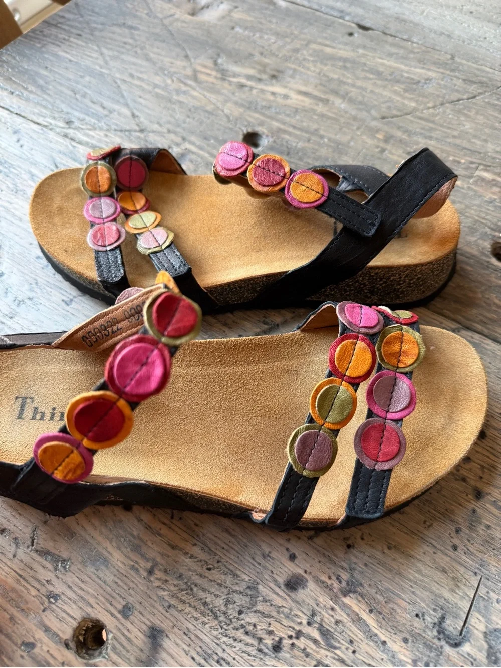 Think! Women's Black Sandals with Pink & Orange Accents